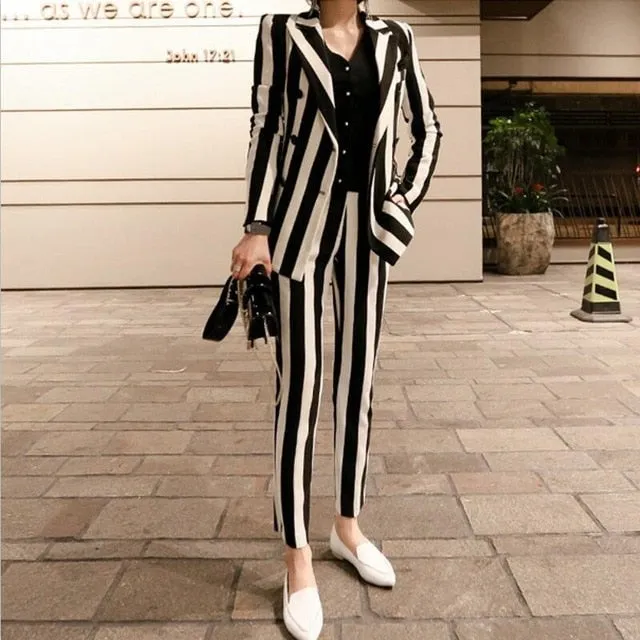 2019 New Winter Womens Striped Double Breasted Blazer Jacket Slim Fit Pencil Pants 2 Pieces Suits Sets Business OL Sets Female