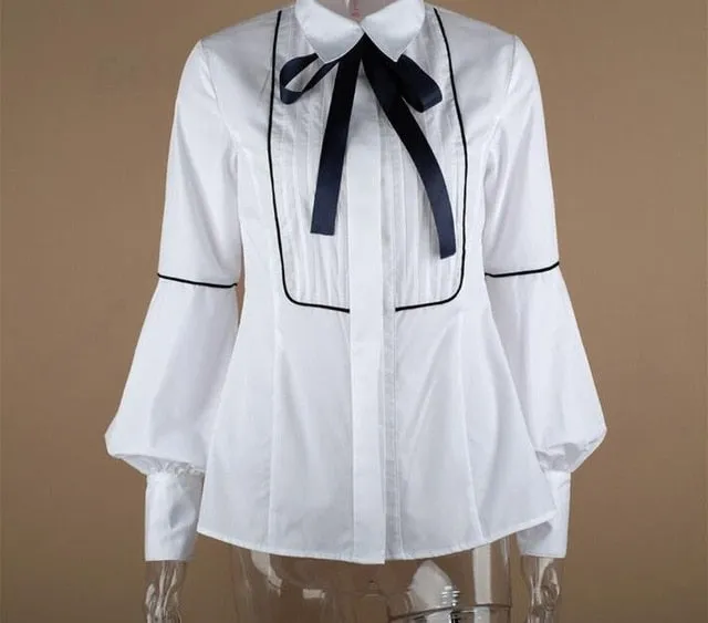 2021 New!! Women's Office Bow Tie Blouse Lantern Sleeve Sizes S - XL