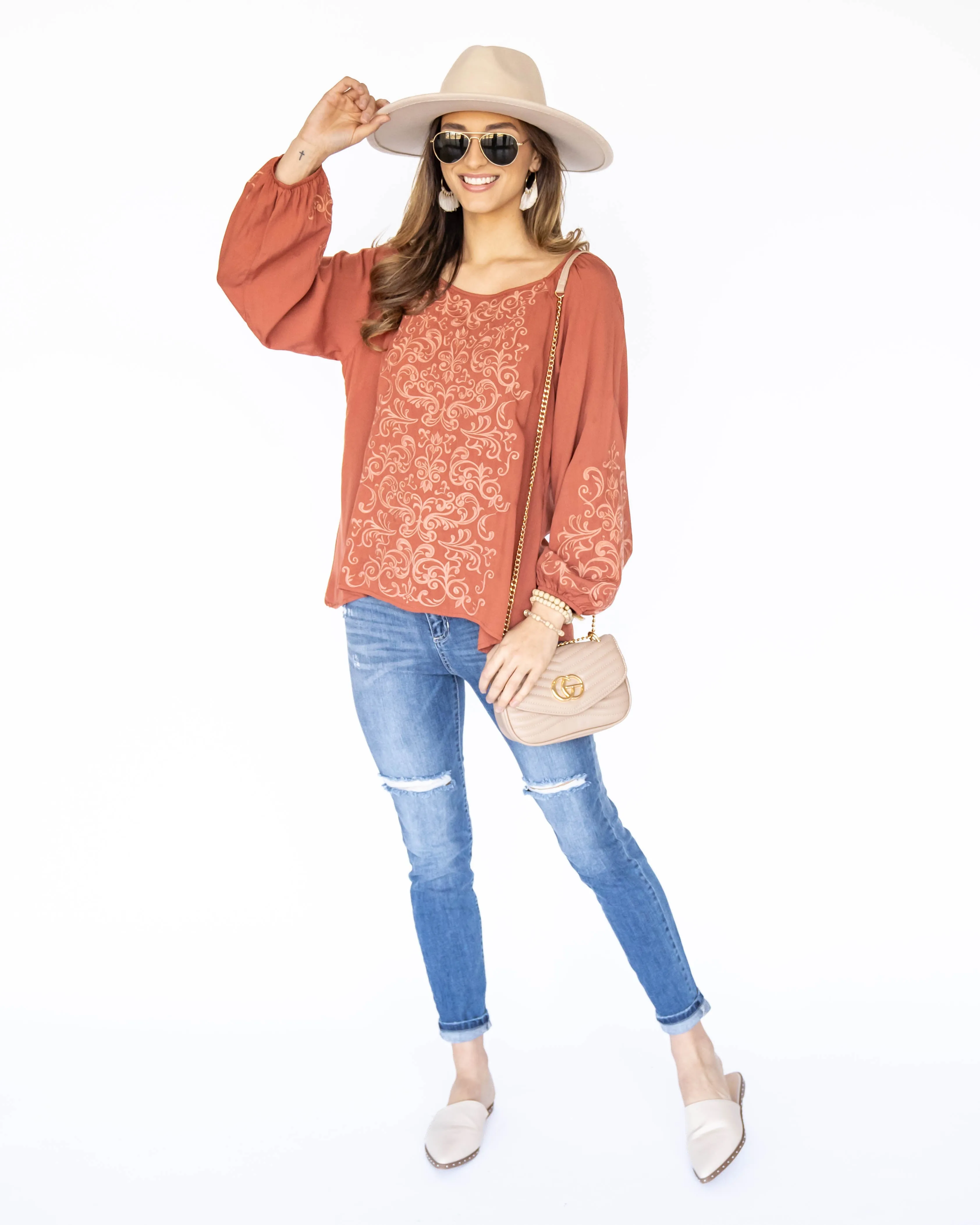 Angela Embroidered Blouse - Rust