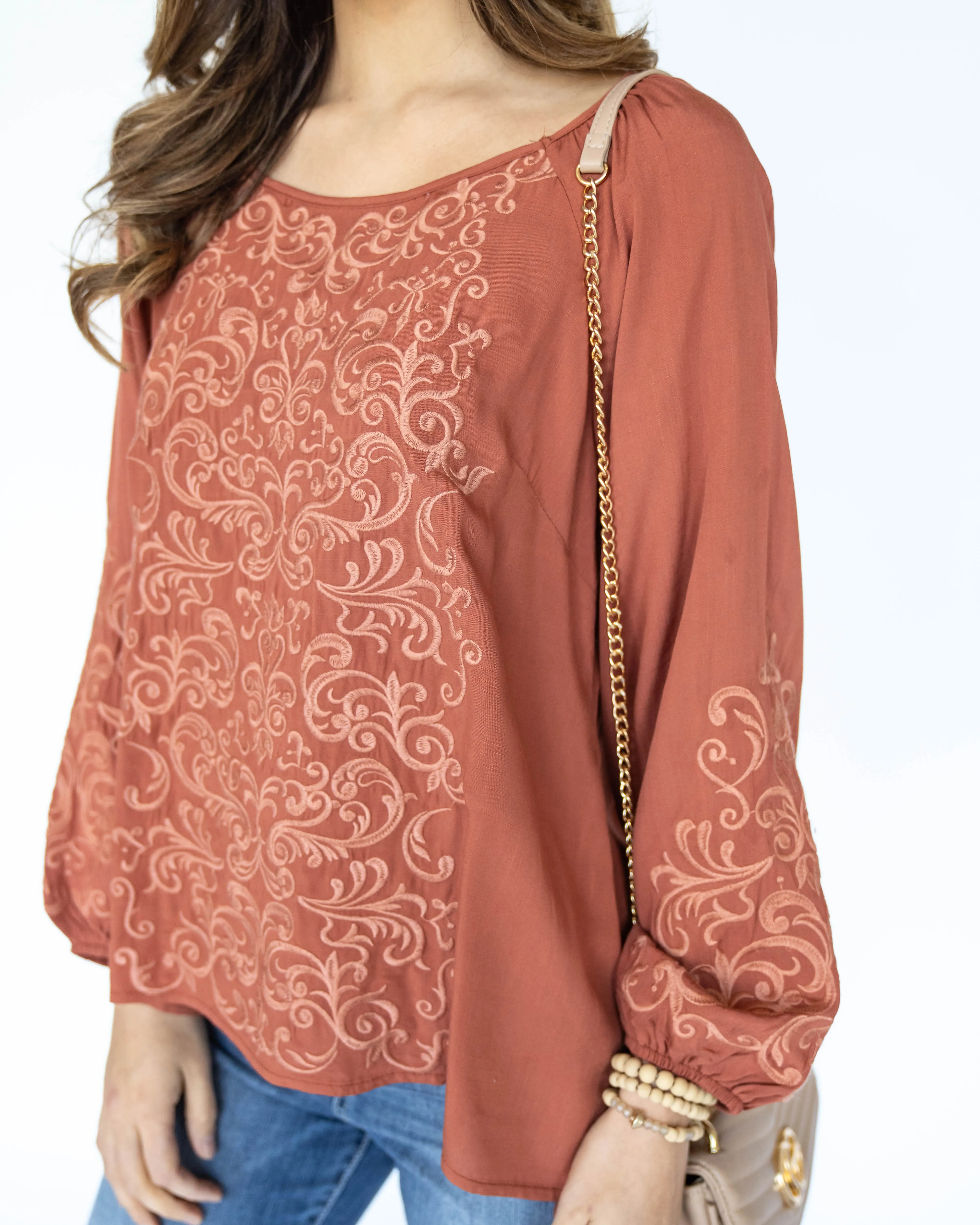 Angela Embroidered Blouse - Rust