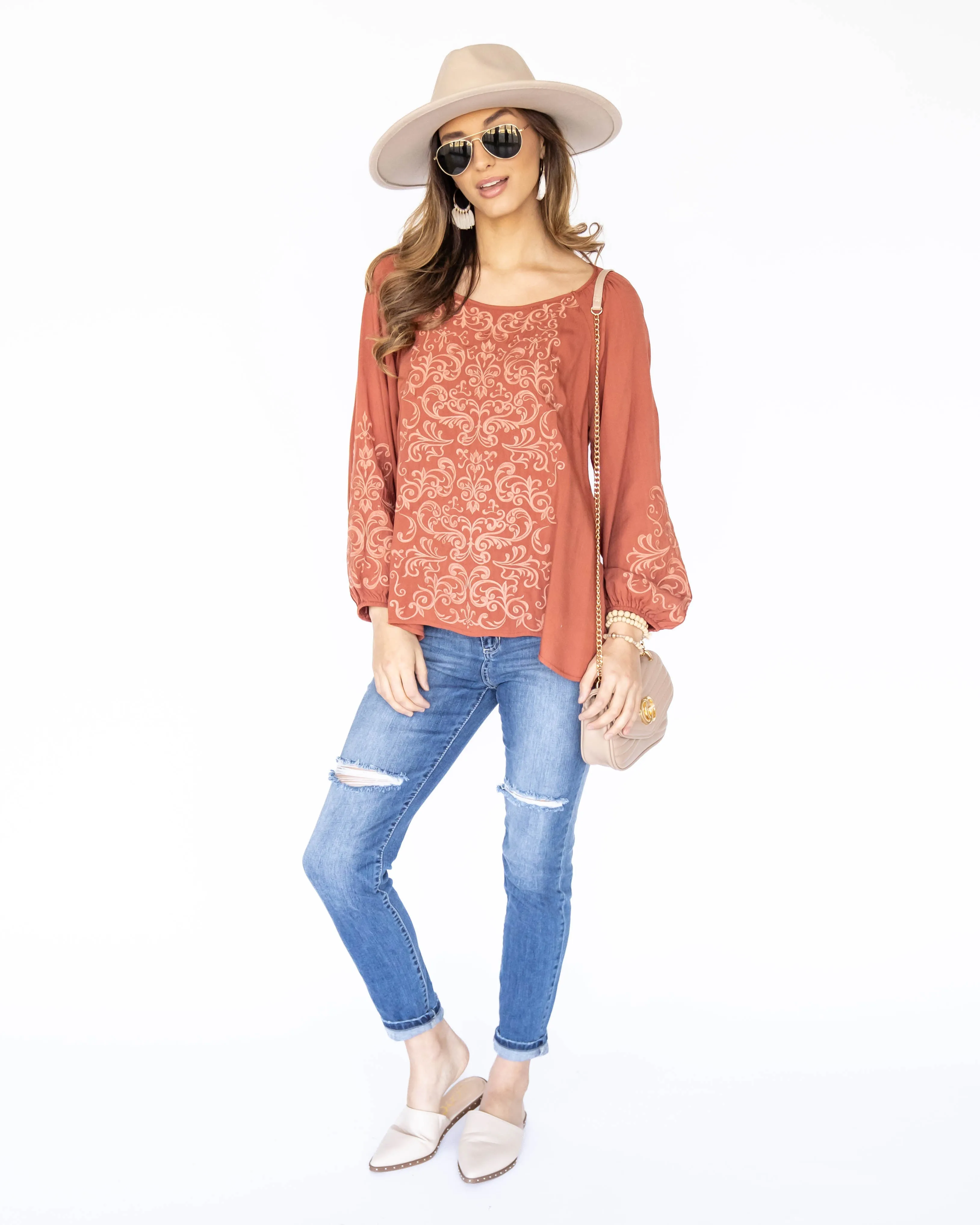 Angela Embroidered Blouse - Rust