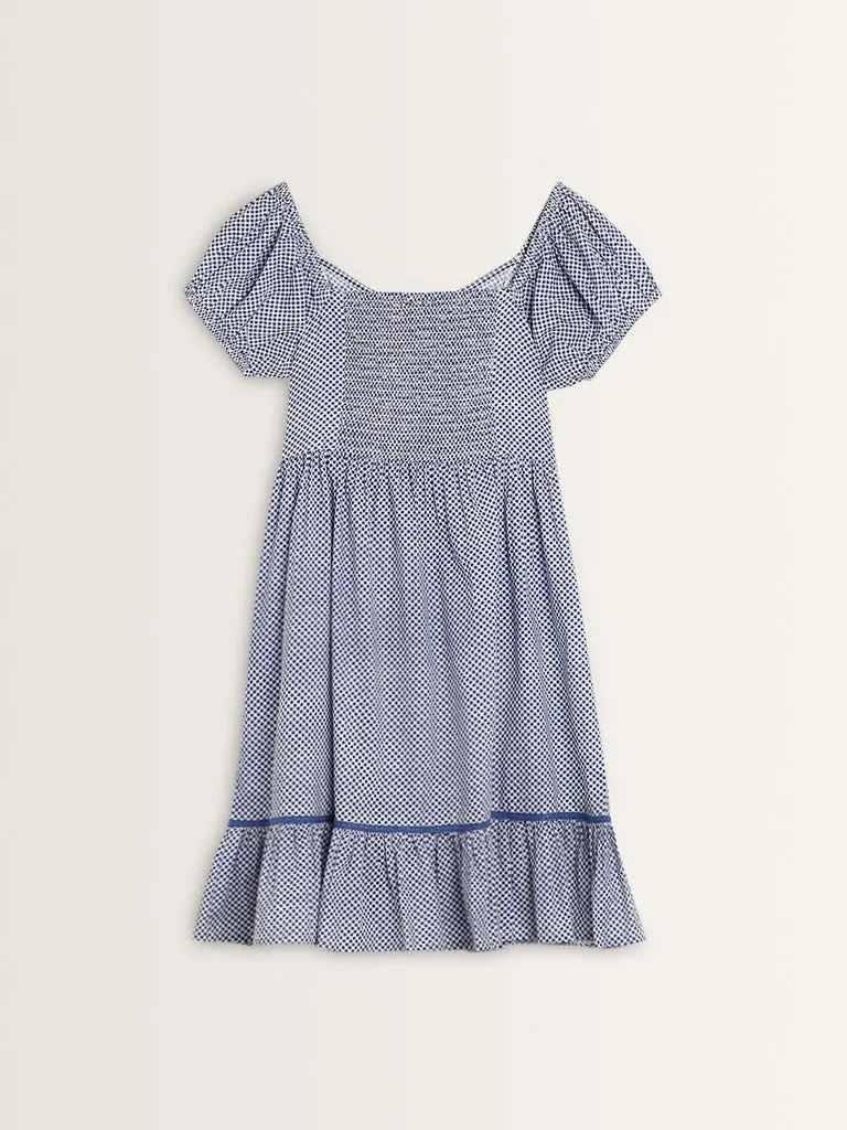 Bombay Paisley Blue Checks Printed A-Line Cotton Dress