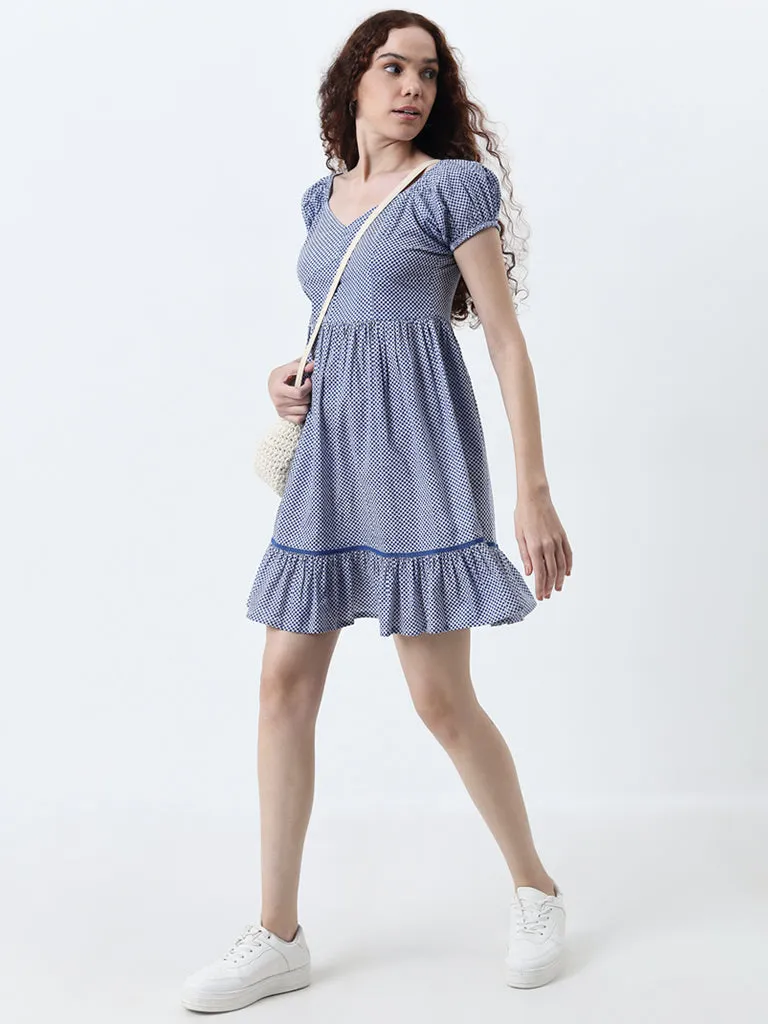 Bombay Paisley Blue Checks Printed A-Line Cotton Dress