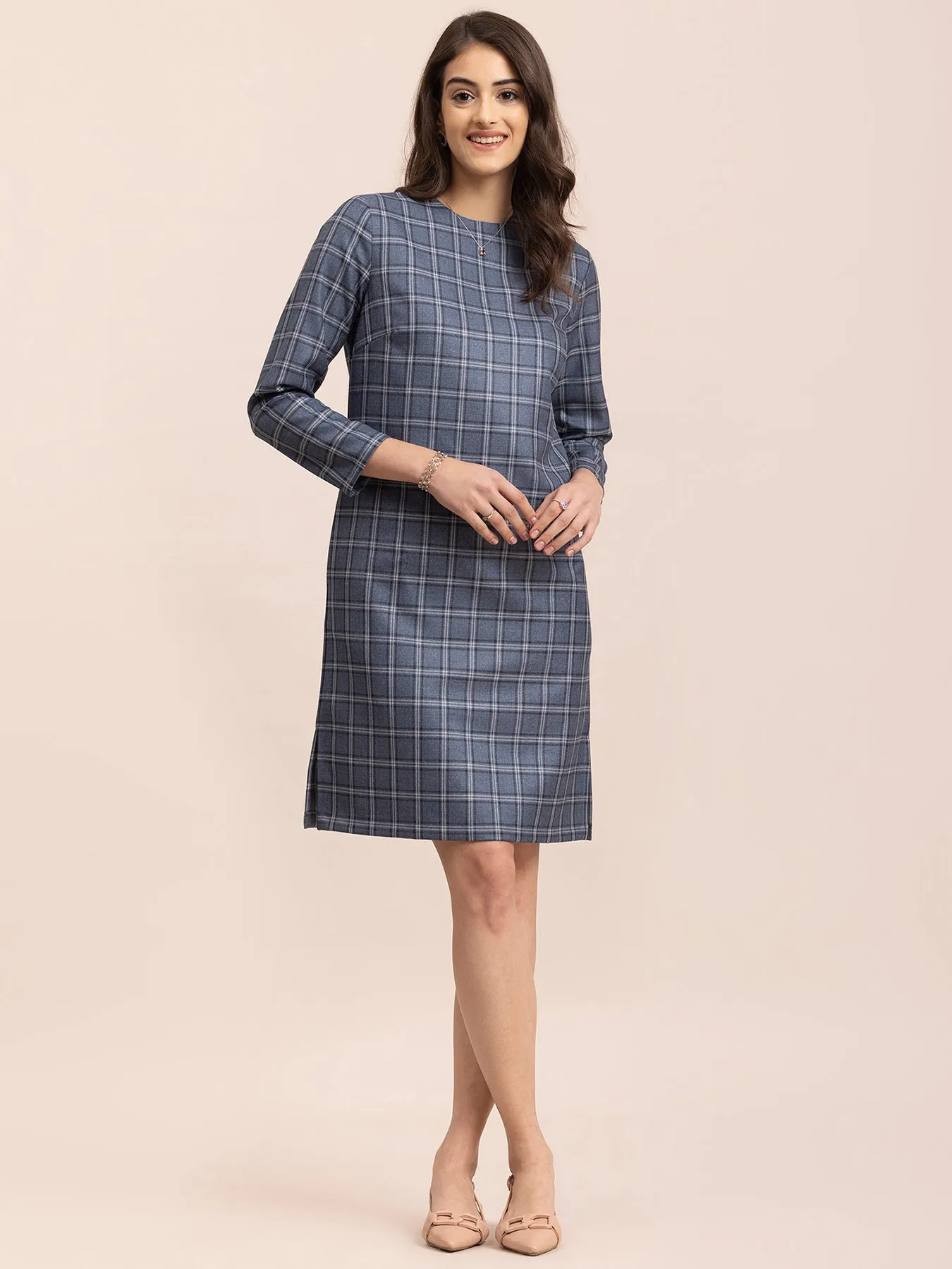 Checkered Shift Dress - Blue