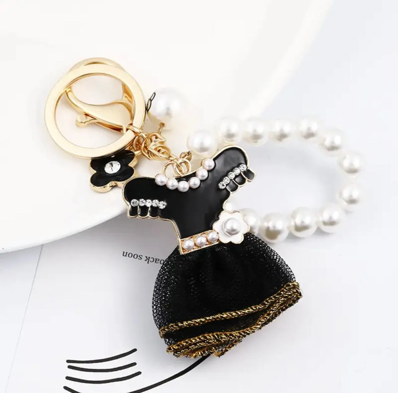 Crystal Rhinestone lovely shiny Little Black Dress Pearl Keychain