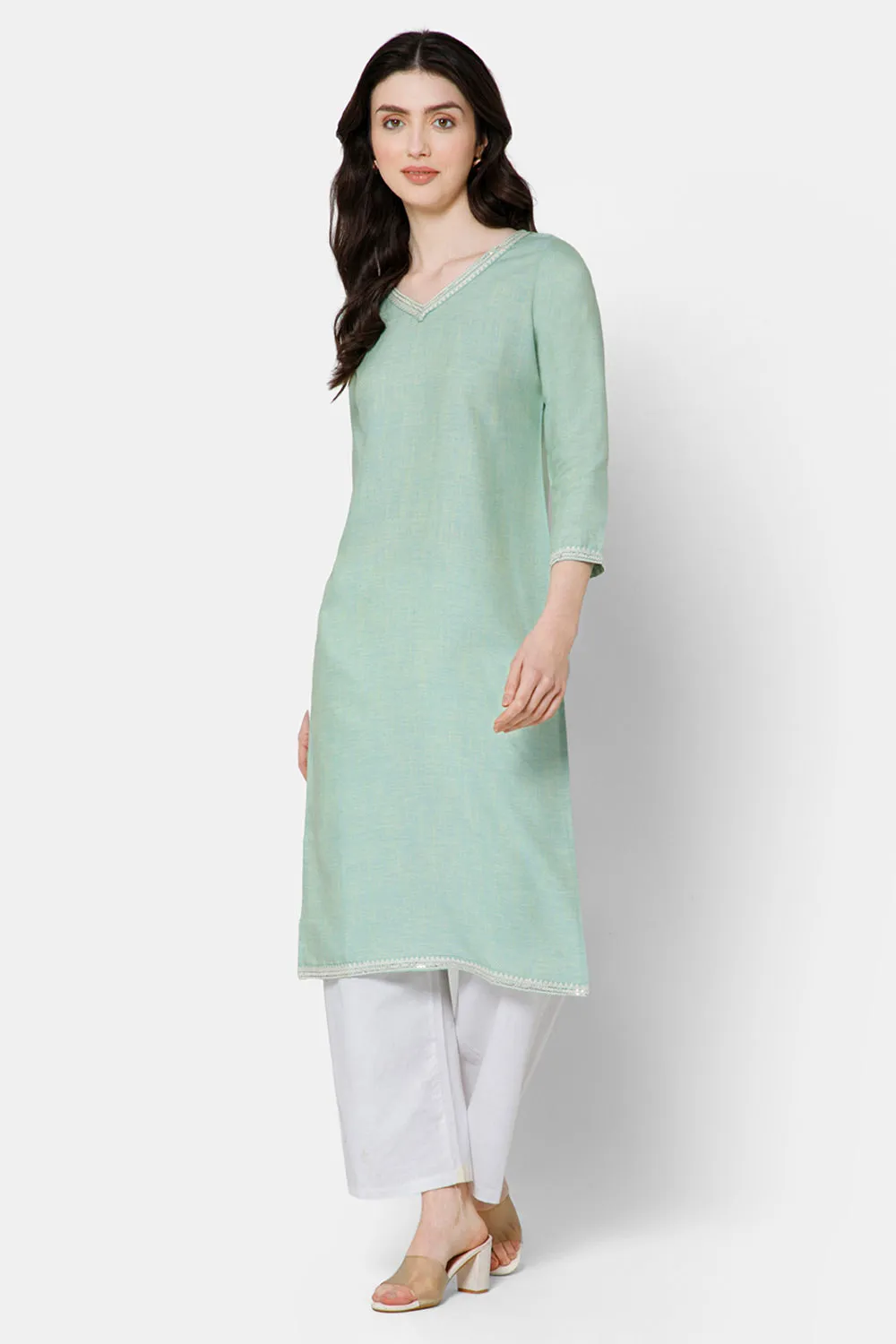 Mythri Straight kurthi with V-neck and 3/4th sleeves  - Sky Blue - E078