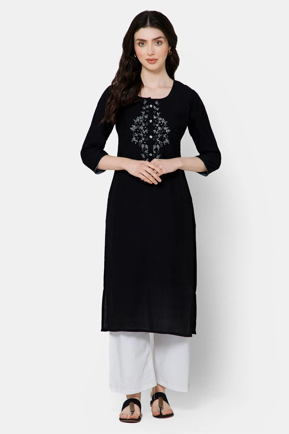 Mythri Women's Straight kurthi with Round neck and 3/4 sleeves - Black - E052