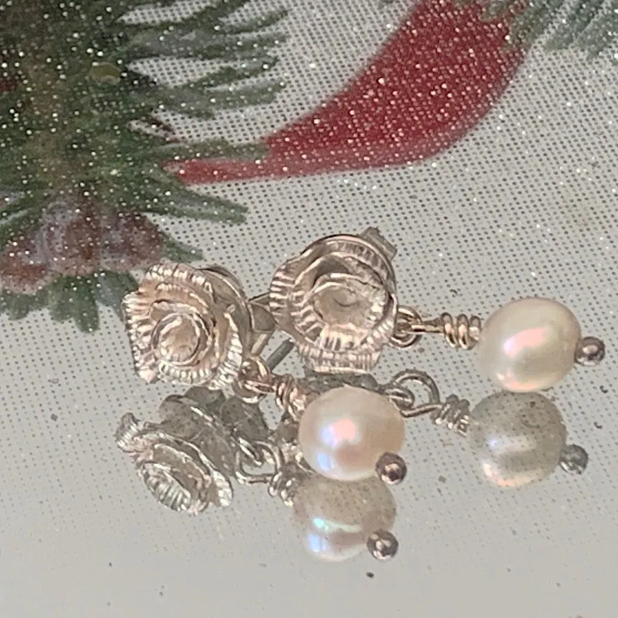 One of a kind,Sterling silver, Rose and Pearl stud earrings