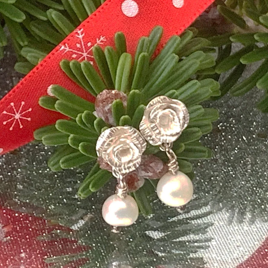 One of a kind,Sterling silver, Rose and Pearl stud earrings