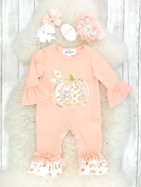 Peach & Gold Sequin Leopard Pumpkin Ruffle Romper