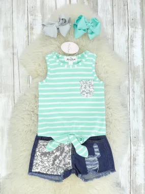 Silver Mint Knot Tank & Sequin Denim Outfit