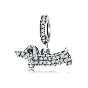 Sparkling Dachshund Dangle Charm 925 Sterling Silver