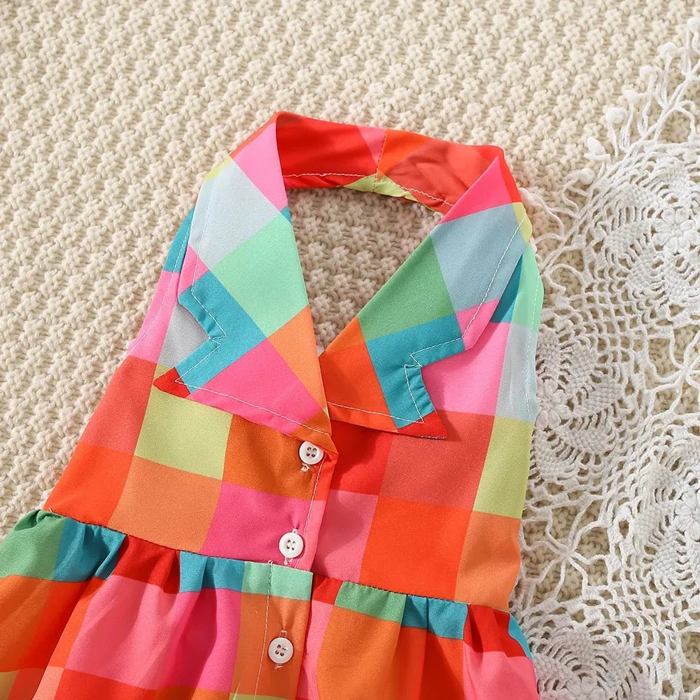 Summer girls dress baby girl with big lapel full of color checkered plaid sleeveless hanging neck princess dress