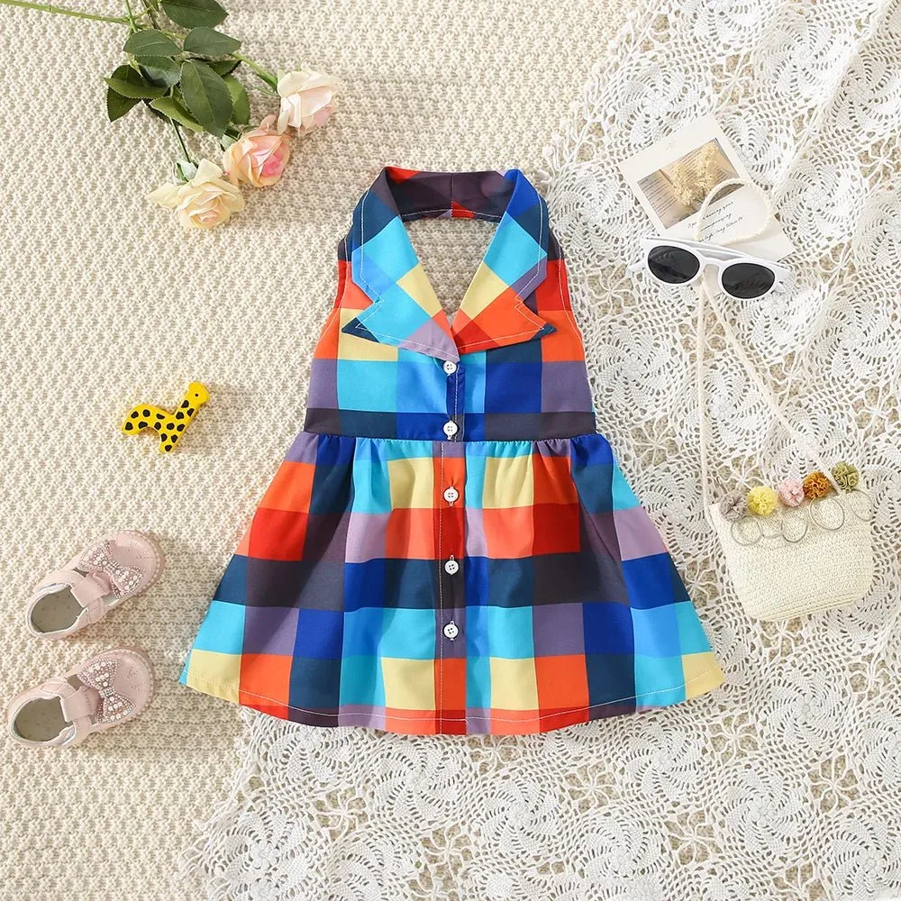 Summer girls dress baby girl with big lapel full of color checkered plaid sleeveless hanging neck princess dress