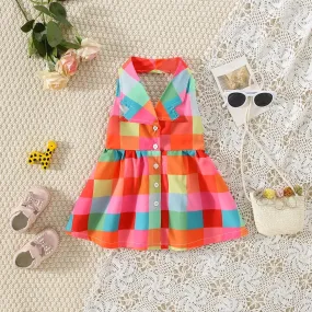 Summer girls dress baby girl with big lapel full of color checkered plaid sleeveless hanging neck princess dress