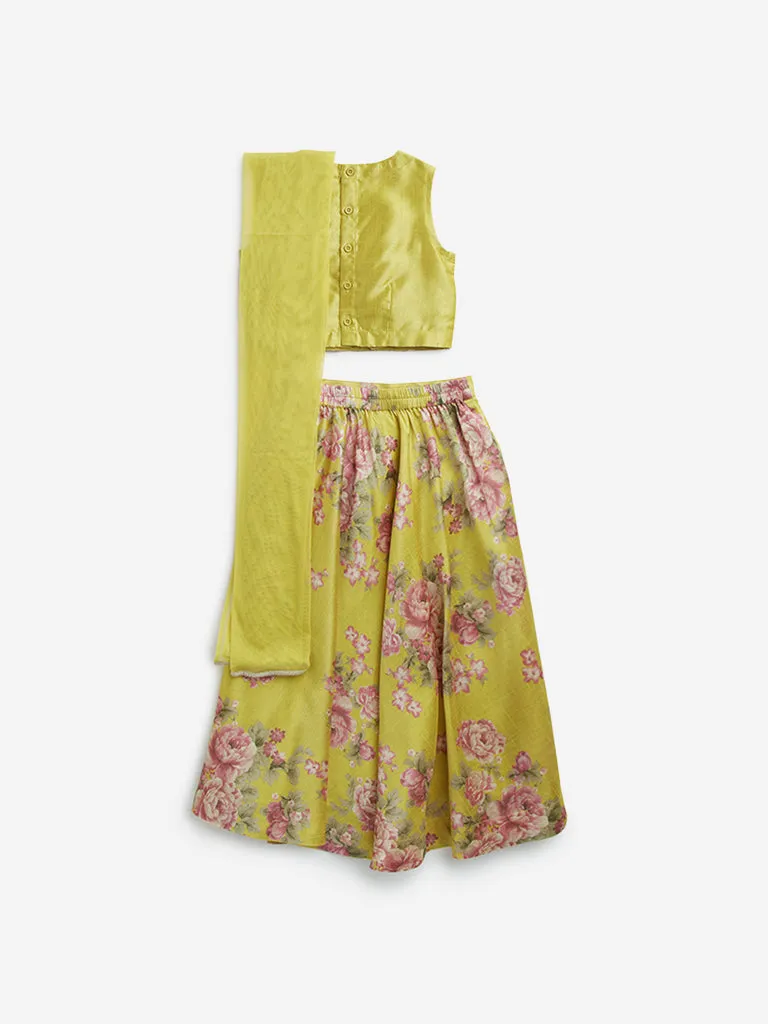 Utsa Kids Yellow Floral Printed Ghagra, Choli with Dupatta Set - (2 -8yrs)