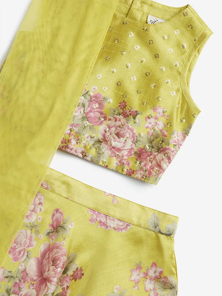 Utsa Kids Yellow Floral Printed Ghagra, Choli with Dupatta Set - (2 -8yrs)