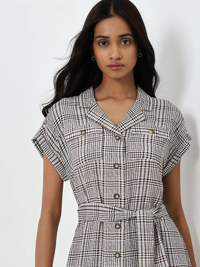 Wardrobe Brown Checkered A-Line Shirt Dress with Belt