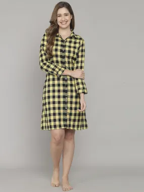 Yellow And Black Check Print Knee Length Cotton Sleep Shirt